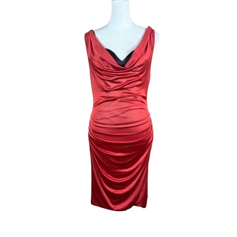 Stunning Red Ruched Midi Dress BCBGMAXAZRIA Size XS Elegant Evening Party